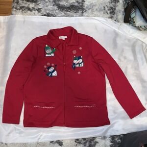 BRECKENRIDGE Large "Snow Pals" Applique Fleece Cardigan Christmas Winter